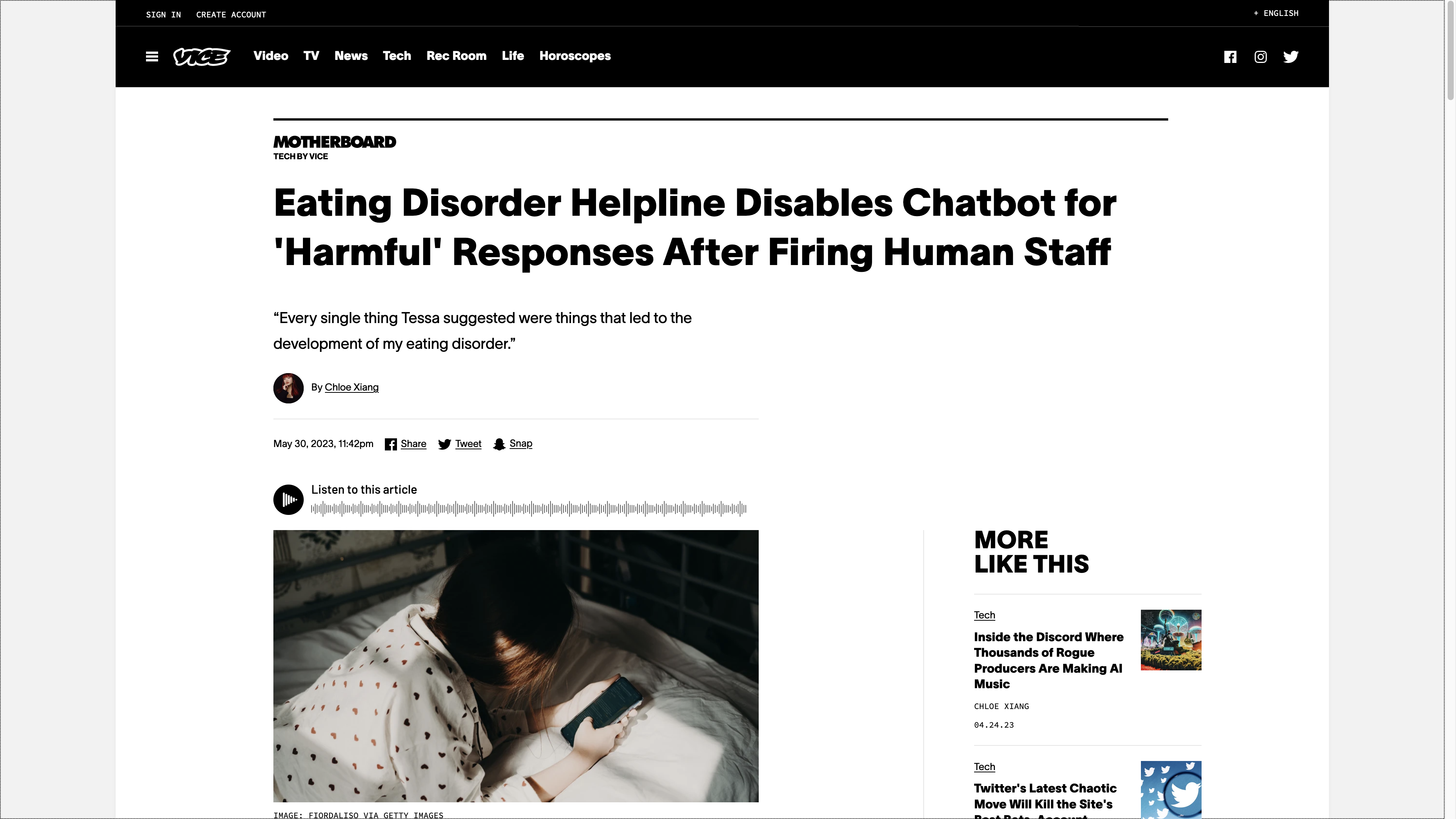 Eating Disorder Helpline Disables Chatbot for 'Harmful' Responses After Firing Human Staff