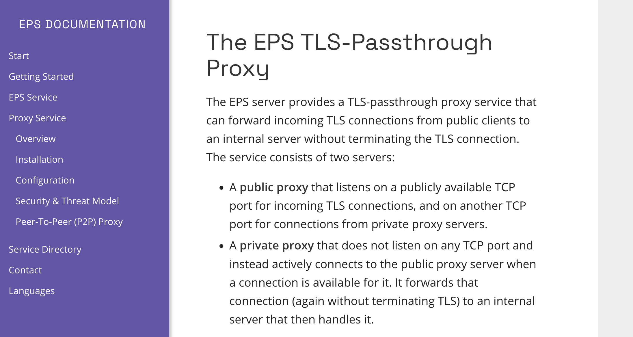 Beschreibung des EPS TLS-Passthrough, bei dem Daten über zwei Proxies weitergeleitet werden