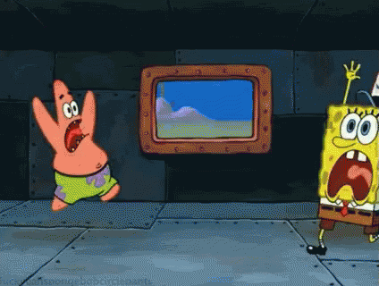 GIF von Spongebob Schwammkopf und Patrick, die panisch durch die Gegend hin und her laufen