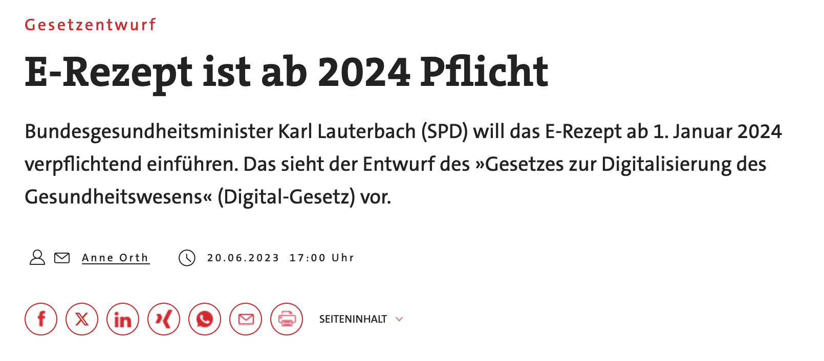 Gesetzentwurf- E-Rezept ist ab 2024 Pflicht- Bundesgesundheitsminister Karl Lauterbach (SPD) will das E-Rezept ab 1. Januar 2024 verpflichtend einführen. Das sieht der Entwurf des »Gesetzes zur Digitalisierung des Gesundheitswesens« (Digital-Gesetz) vor. 