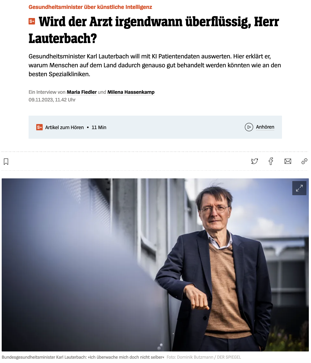  Gesundheitsminister über künstliche Intelligenz- Wird der Arzt irgendwann überflüssig, Herr Lauterbach?Gesundheitsminister Karl Lauterbach will mit KI Patientendaten auswerten. Hier sagt er, warum Menschen auf dem Land dadurch genauso gut behandelt werden könnten wie an den besten Spezialkliniken. 