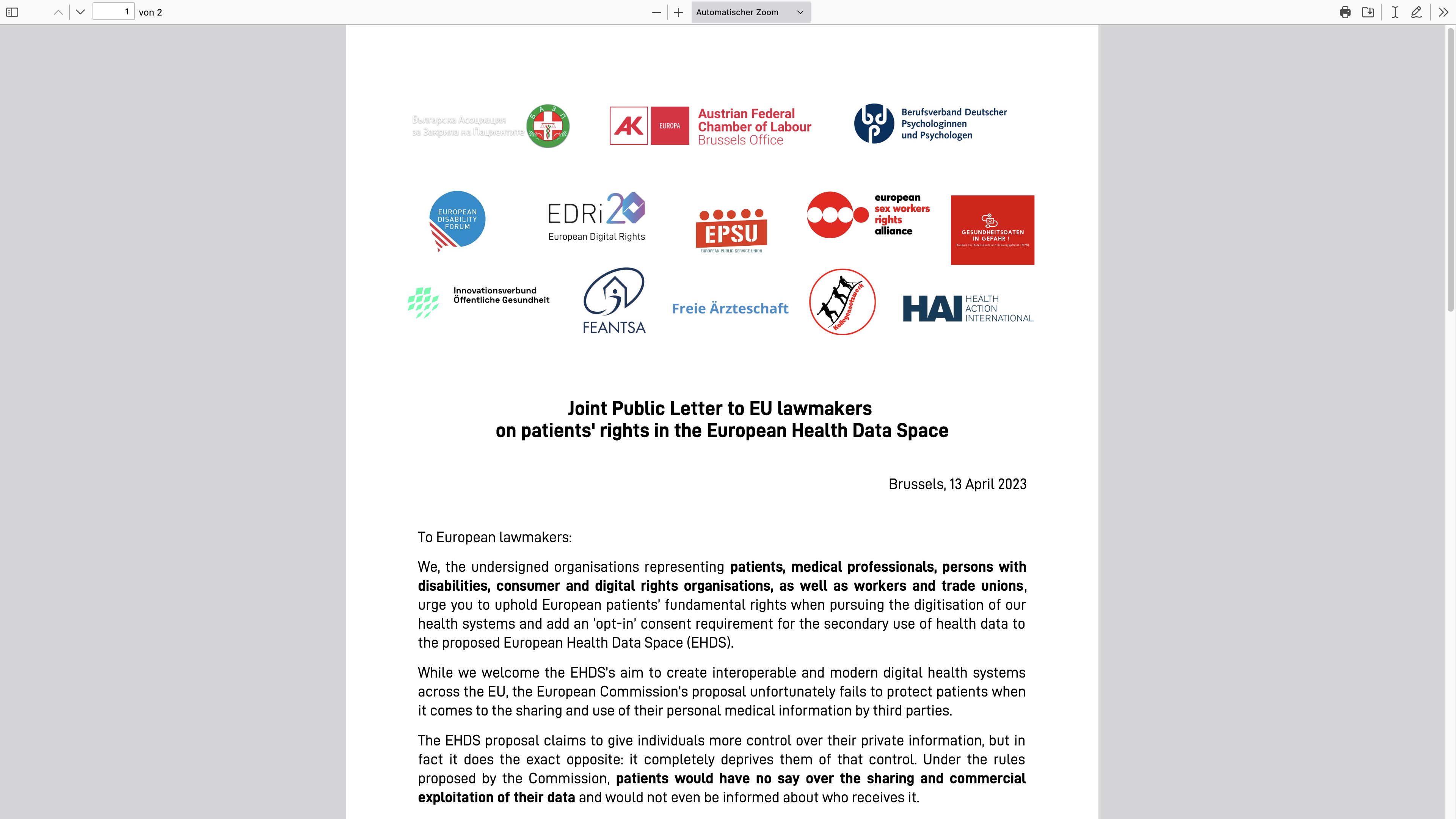 Joint Public Letter to EU lawmakers on patients' rights in the European Health Data Space 