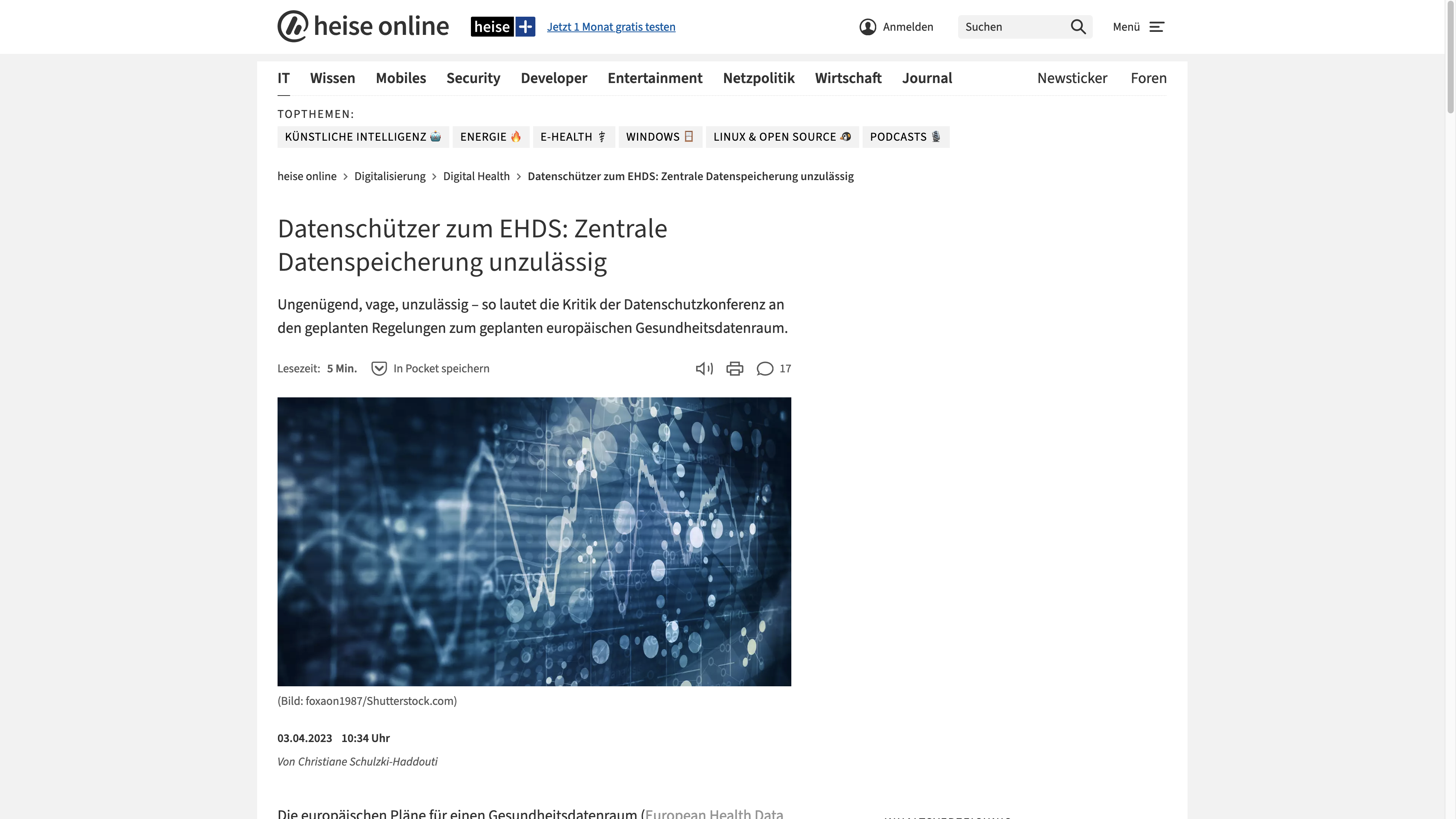  Datenschützer zum EHDS: Zentrale Datenspeicherung unzulässig - Ungenügend, vage, unzulässig – so lautet die Kritik der Datenschutzkonferenz an den geplanten Regelungen zum geplanten europäischen Gesundheitsdatenraum.