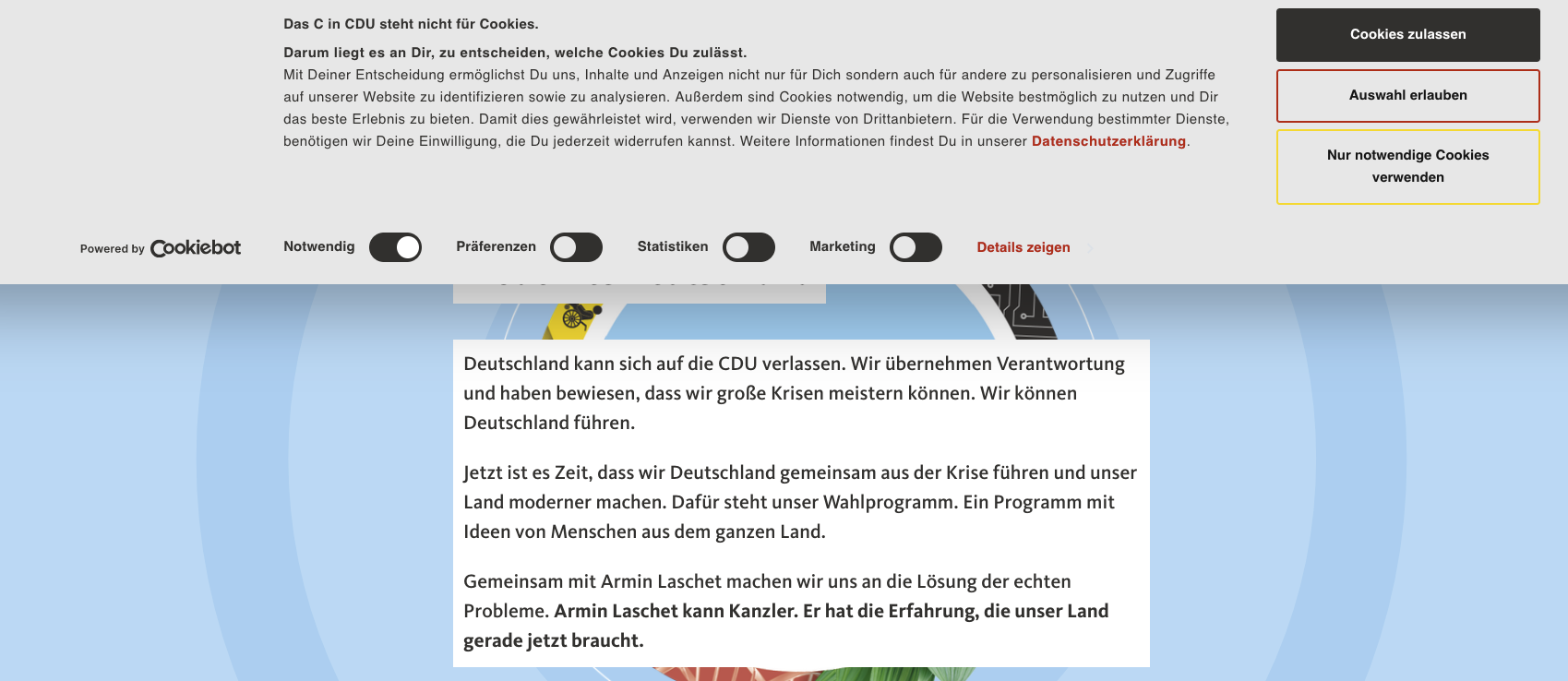Cookie Warnung auf der Wahlprogramm Webseite der CDU