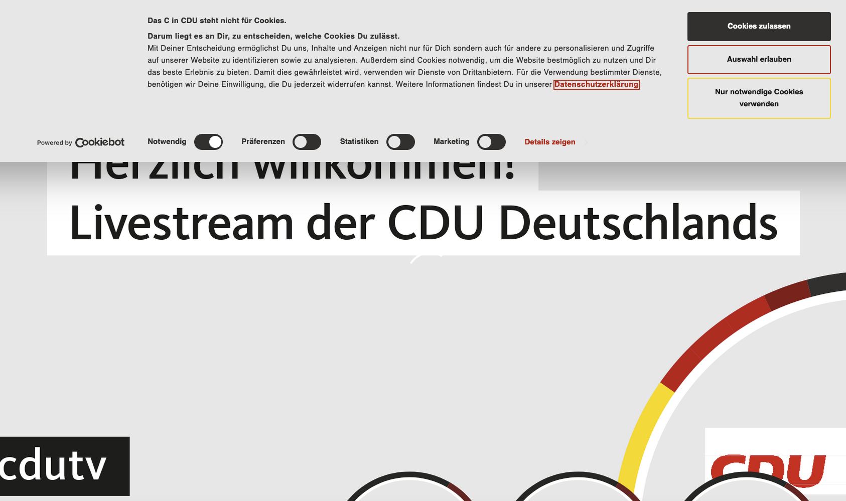 Webseite der CDU mit Überlagerung durch Cookebanner