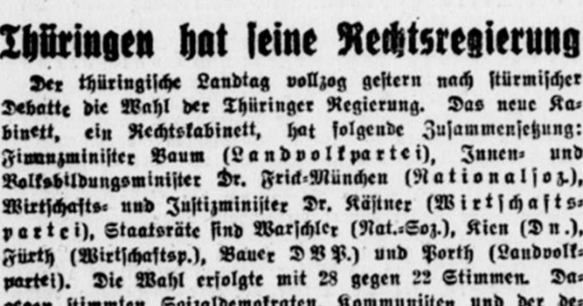 Zeitungsauschnitt: «Thüringen hat seine Rechtsregierung», aus: Morgenzeitung, 24.1.1930