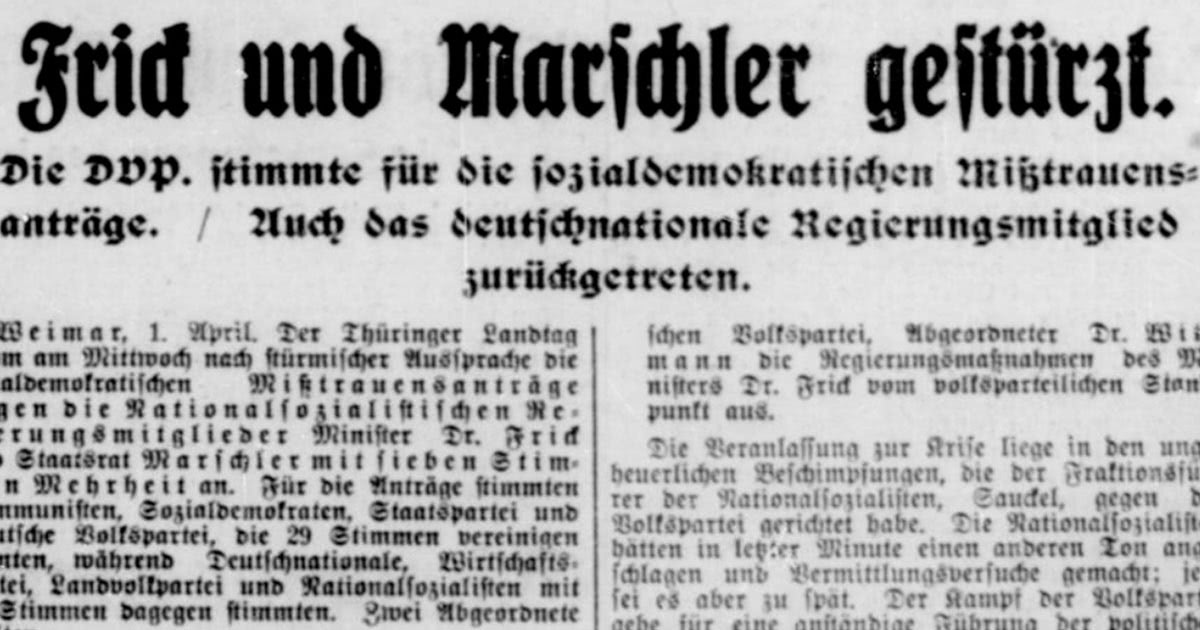 Zeitungsauschnitt: «Frick und Marschler gestürzt», aus: Duisburger General-Anzeiger, 2.1.1931